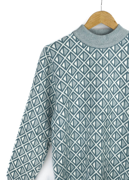 Lux Furr Sweater – Unique Woolen Knit with Stylish Pattern & Furry Texture - Square Pattern Teal