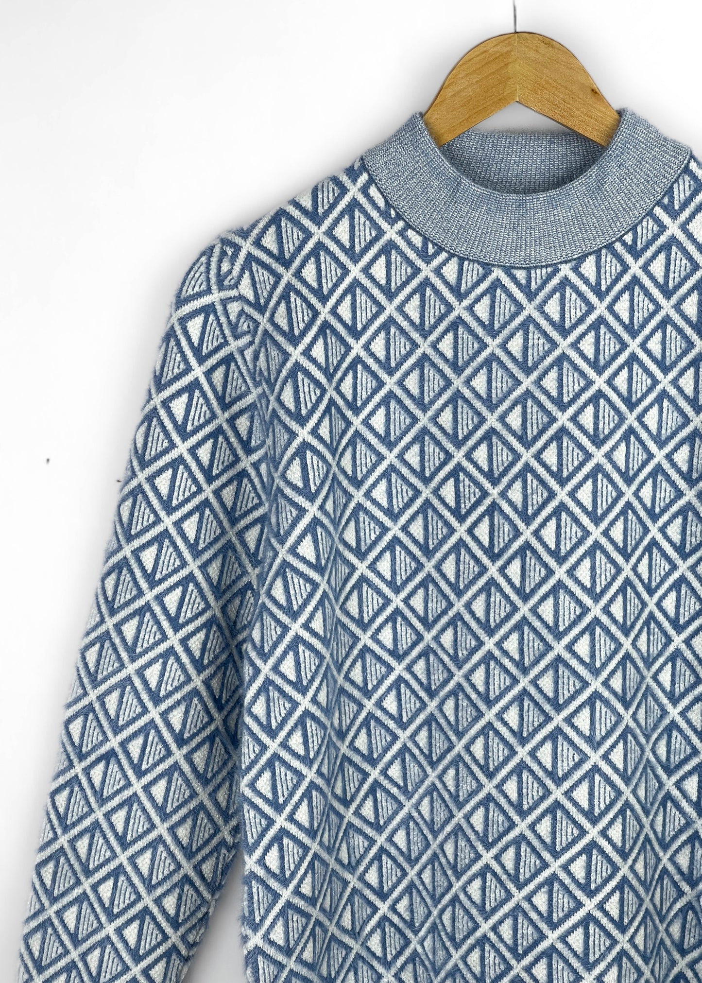 Lux Furr Sweater – Unique Woolen Knit with Stylish Pattern & Furry Texture - Square Pattern Blue