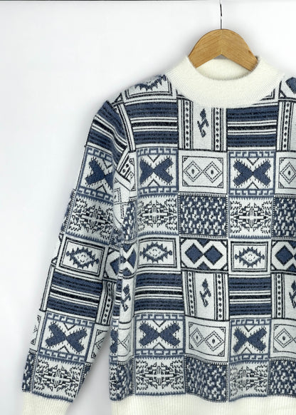 Lux Furr Sweater – Unique Woolen Knit with Stylish Pattern & Furry Texture - Stylish Pattern Blue