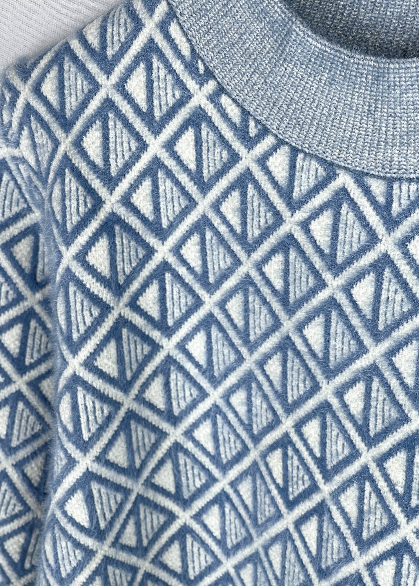 Lux Furr Sweater – Unique Woolen Knit with Stylish Pattern & Furry Texture - Square Pattern Blue