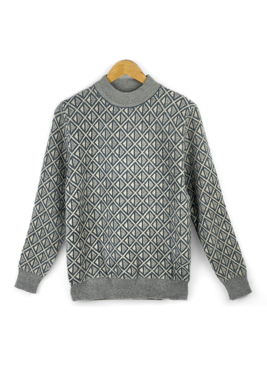 Lux Furr Sweater – Unique Woolen Knit with Stylish Pattern & Furry Texture - Square Pattern Grey