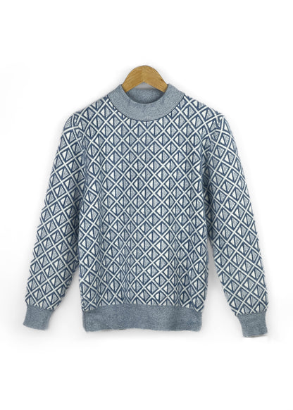 Lux Furr Sweater – Unique Woolen Knit with Stylish Pattern & Furry Texture - Square Pattern Blue