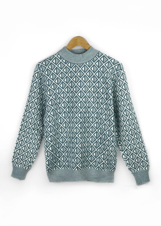 Lux Furr Sweater – Unique Woolen Knit with Stylish Pattern & Furry Texture - Square Pattern Teal